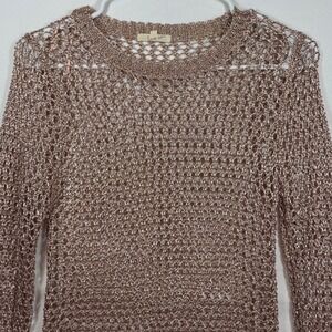 Love Sen Rose‎ Gold Metallic Knit Crochet Long Sleeve Top Women's Sz S/M